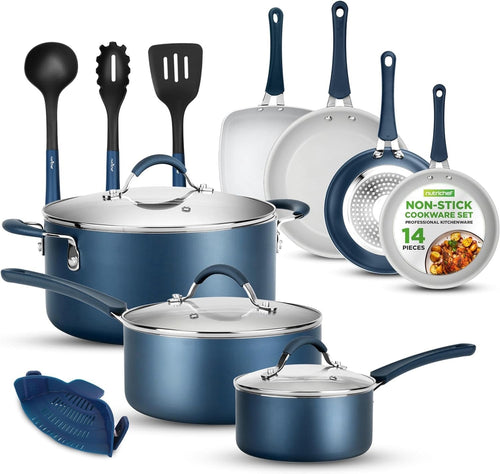 14pcs Blue Ceramic Stackable Non Stick Cookware Set Induction Safe Pots and Pans