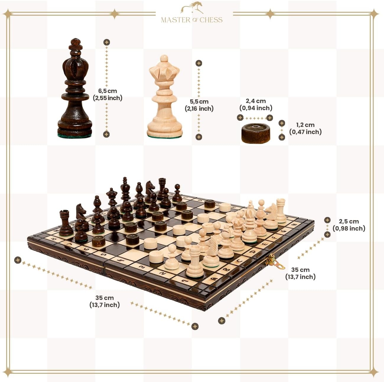 2in1 Wooden Chess & Checkers Set 35cm | Foldable Board | Luxury Handcrafted
