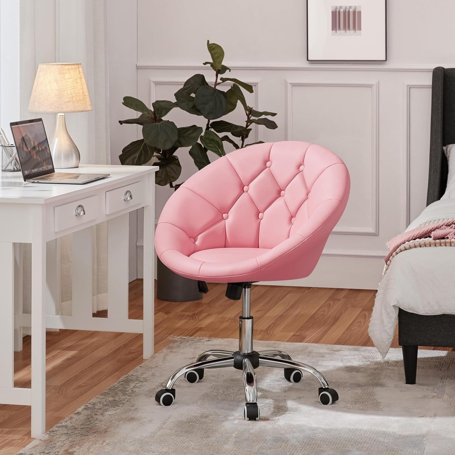 Pink PU Leather Swivel Barrel Chair Adjustable Modern Vanity Office Accent Seat