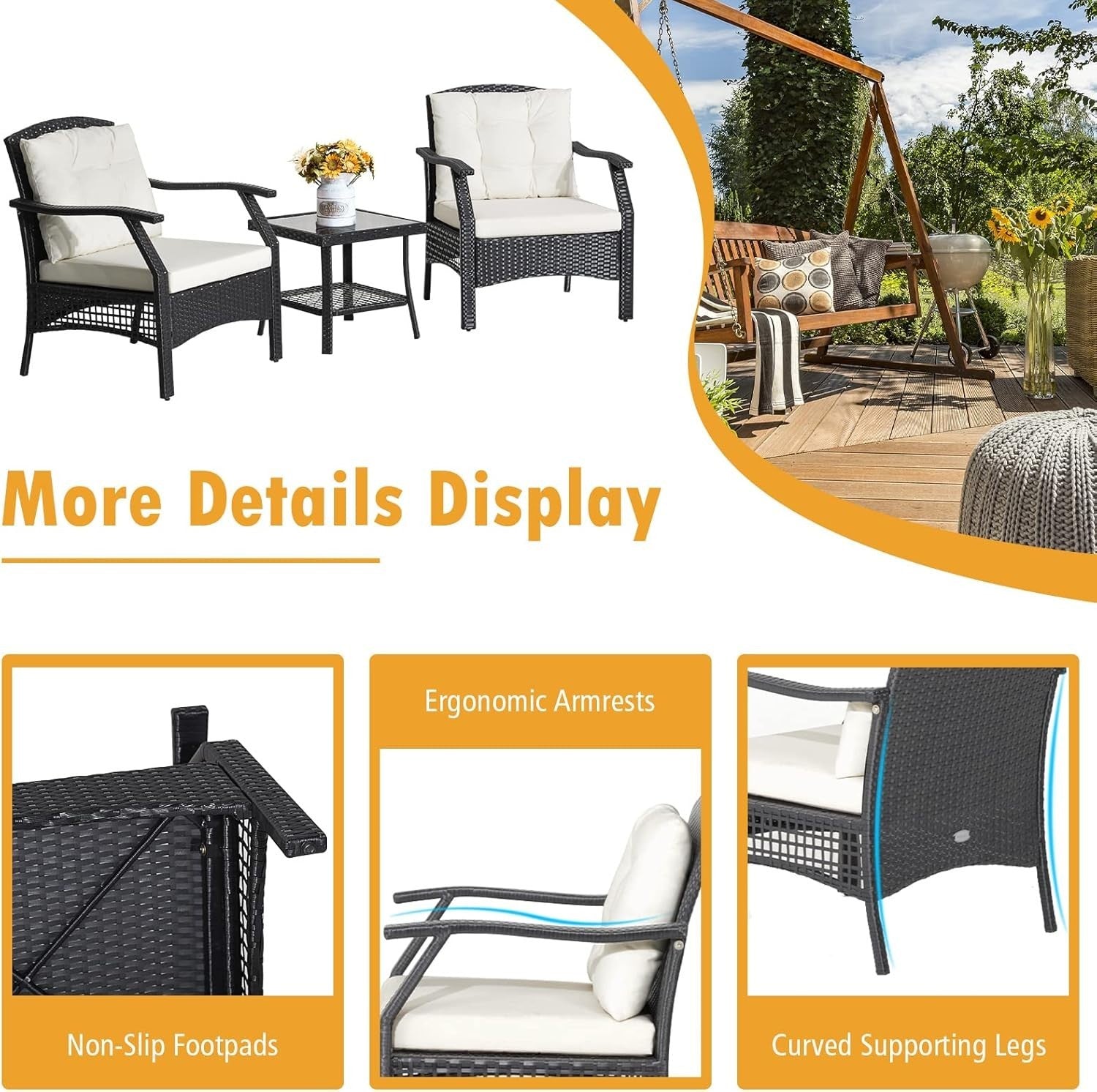 Outdoor Rattan Bistro Set 3-Piece Patio Sofa Table Chairs Cushions Garden