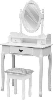 Vintage White Vanity Dressing Table Mirror Stool Set 3 Drawers Engineered Wood