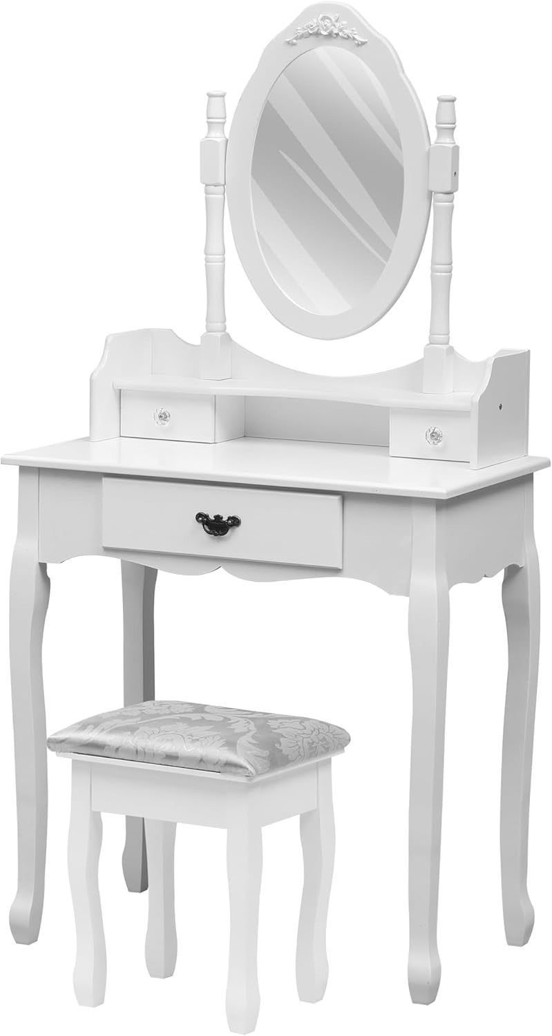 Vintage White Vanity Dressing Table Mirror Stool Set 3 Drawers Engineered Wood