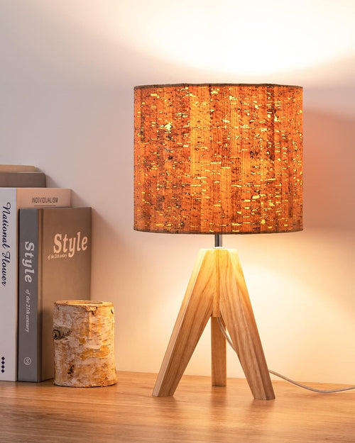Wood Tripod Table Lamp Bedside Desk Light Fabric Shade Reading Bedroom Office