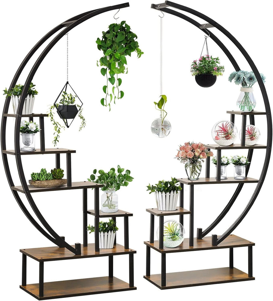 2 Pc 6 Tier Half Moon Metal Plant Stand Set Indoor Outdoor Flower Shelf Rack