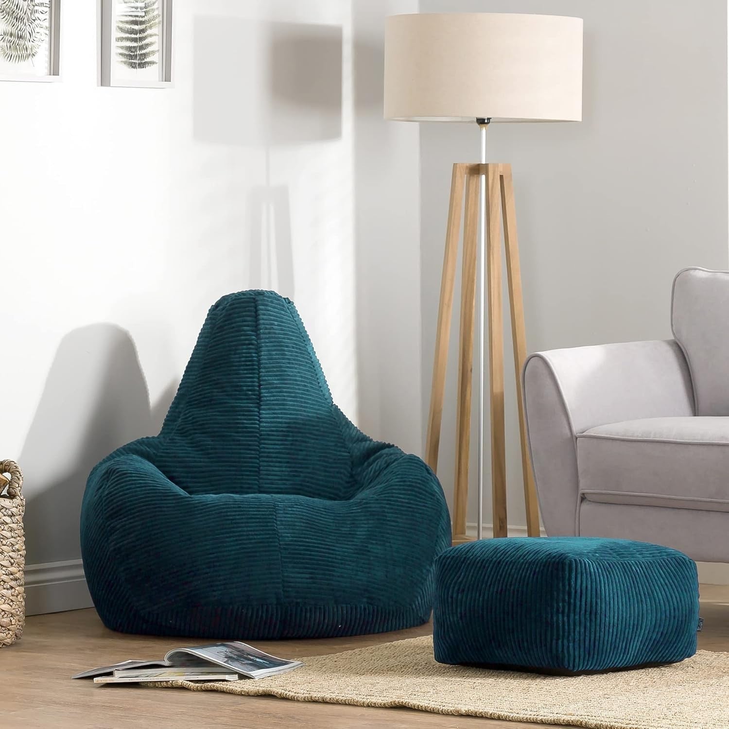 Large Teal Corduroy Bean Bag Chair w/ Footstool Adult Recliner Seat