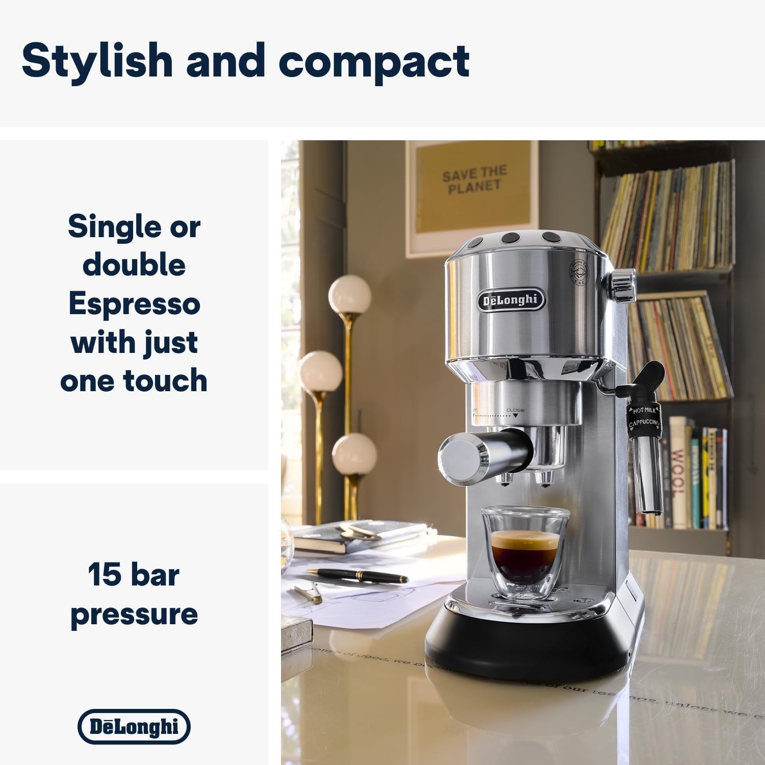 Slim Barista Coffee Maker 15 Bar Espresso Machine | Dual Cup | Steam Wand