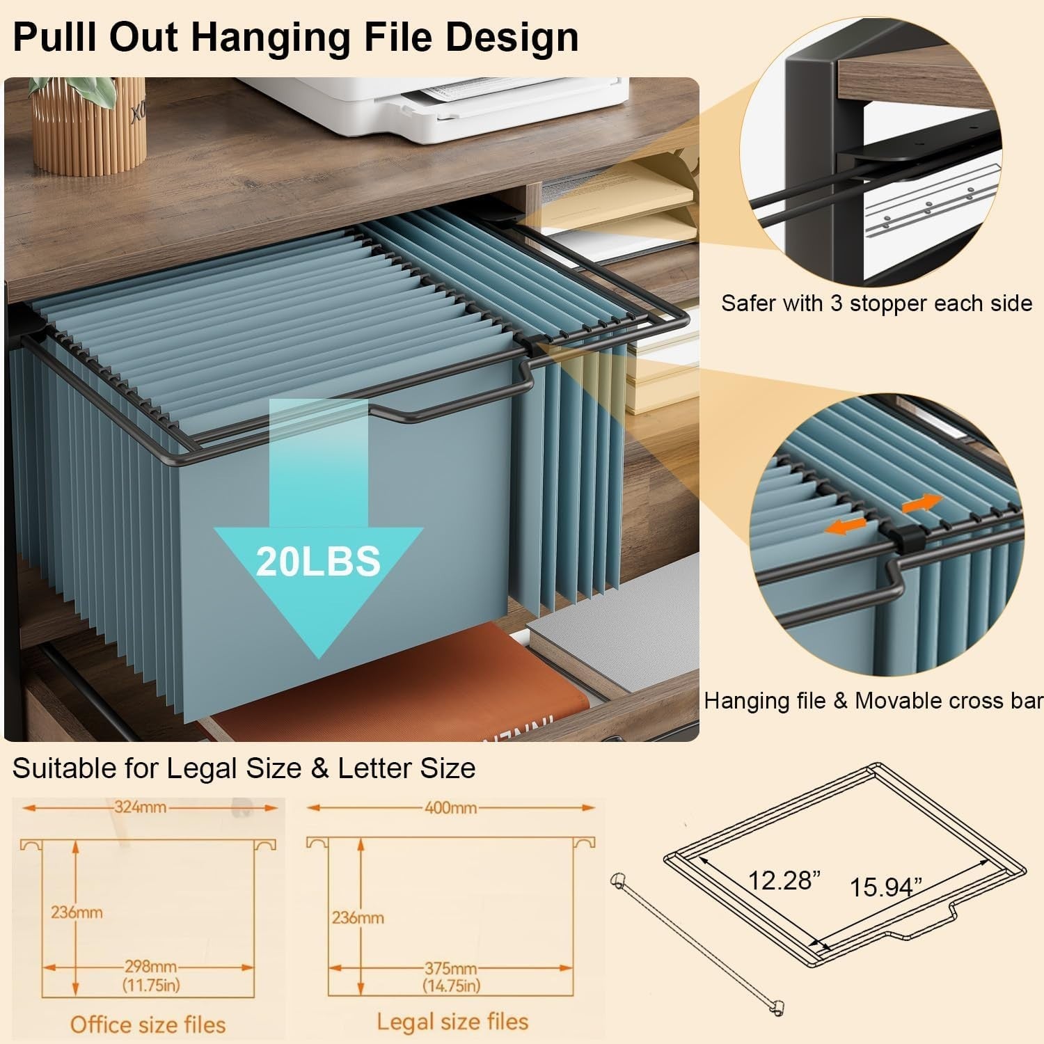 Rustic Oak Rolling Lateral File Cabinet Printer Stand Legal Letter
