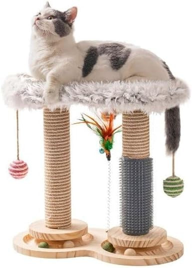 Wooden Cat Scratching Post Tower with Sisal Perch Toys for Indoor Cats