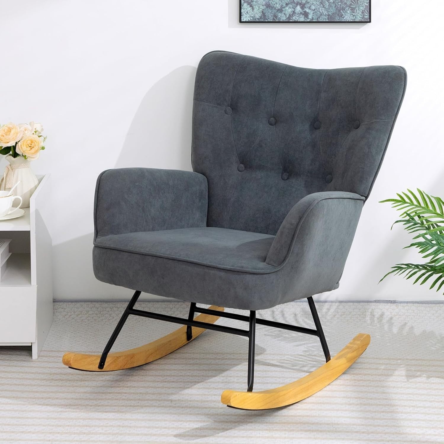 Velvet Rocking Chair for Lounge, Nursery or Bedroom – Wood Legs, Armrest