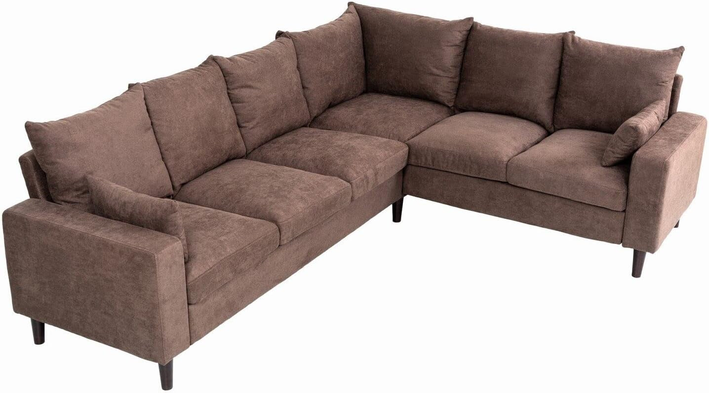 6 Seater L Shape Corner Sofa Brown Linen Modern Large 3+2 Lounge Couch