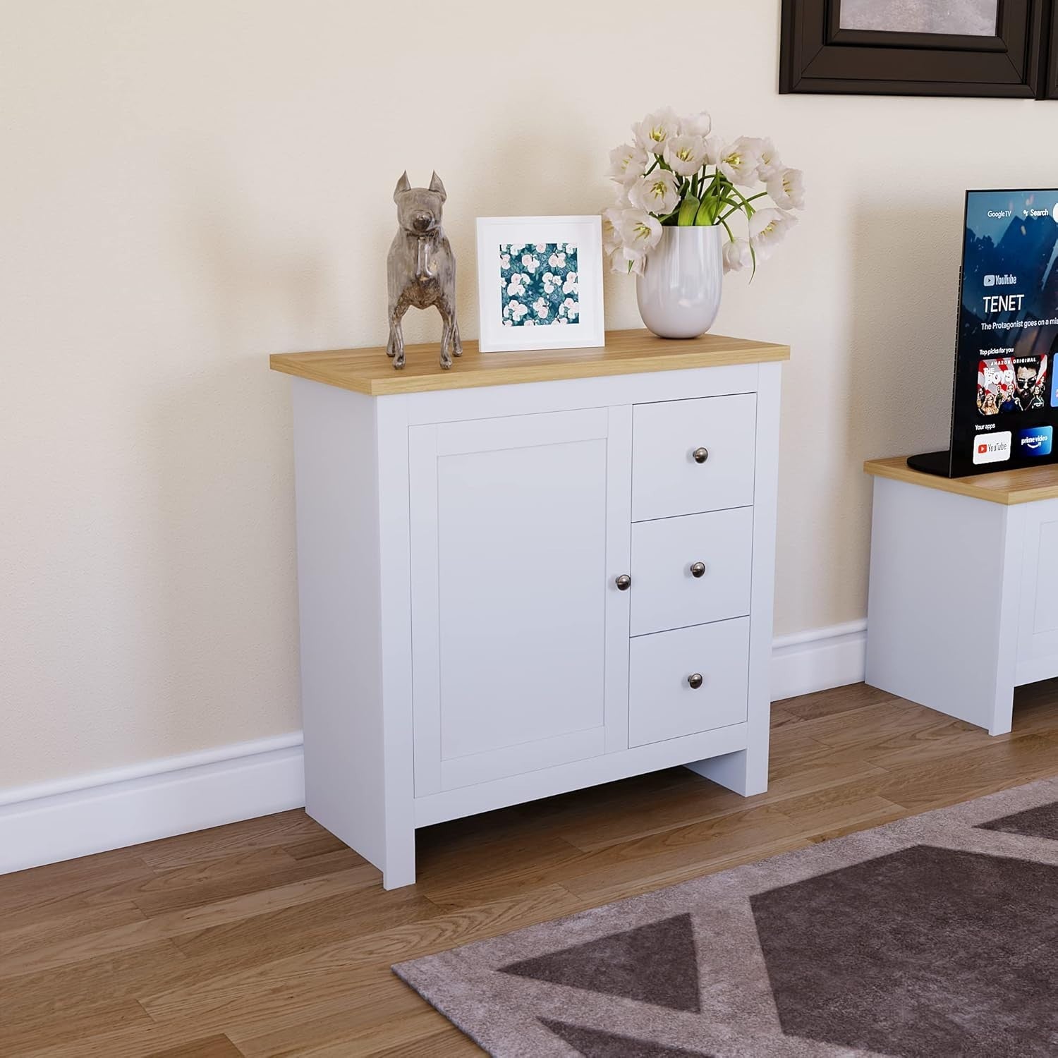 White Sideboard Cabinet with 3 Drawers Oak Top Storage Unit Hallway Slim
