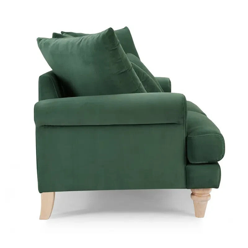 Green Velvet 2 Seater Sofa with Scatter Cushions Curved Arm Couch UK