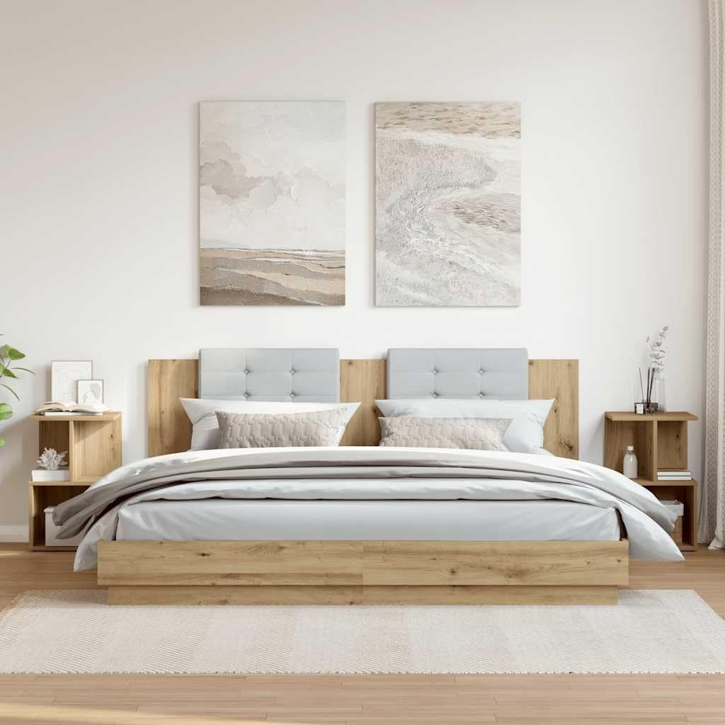 Pair of Oak Bedside Tables | Modern 2 Tier Nightstands with Open Storage