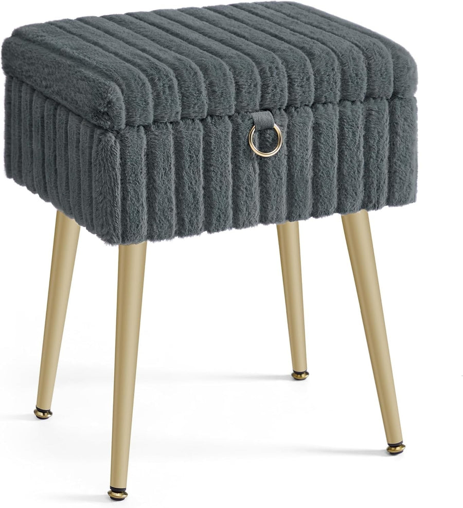 Slate Grey Vanity Stool with Storage Plush Seat Footrest Ottoman Chair