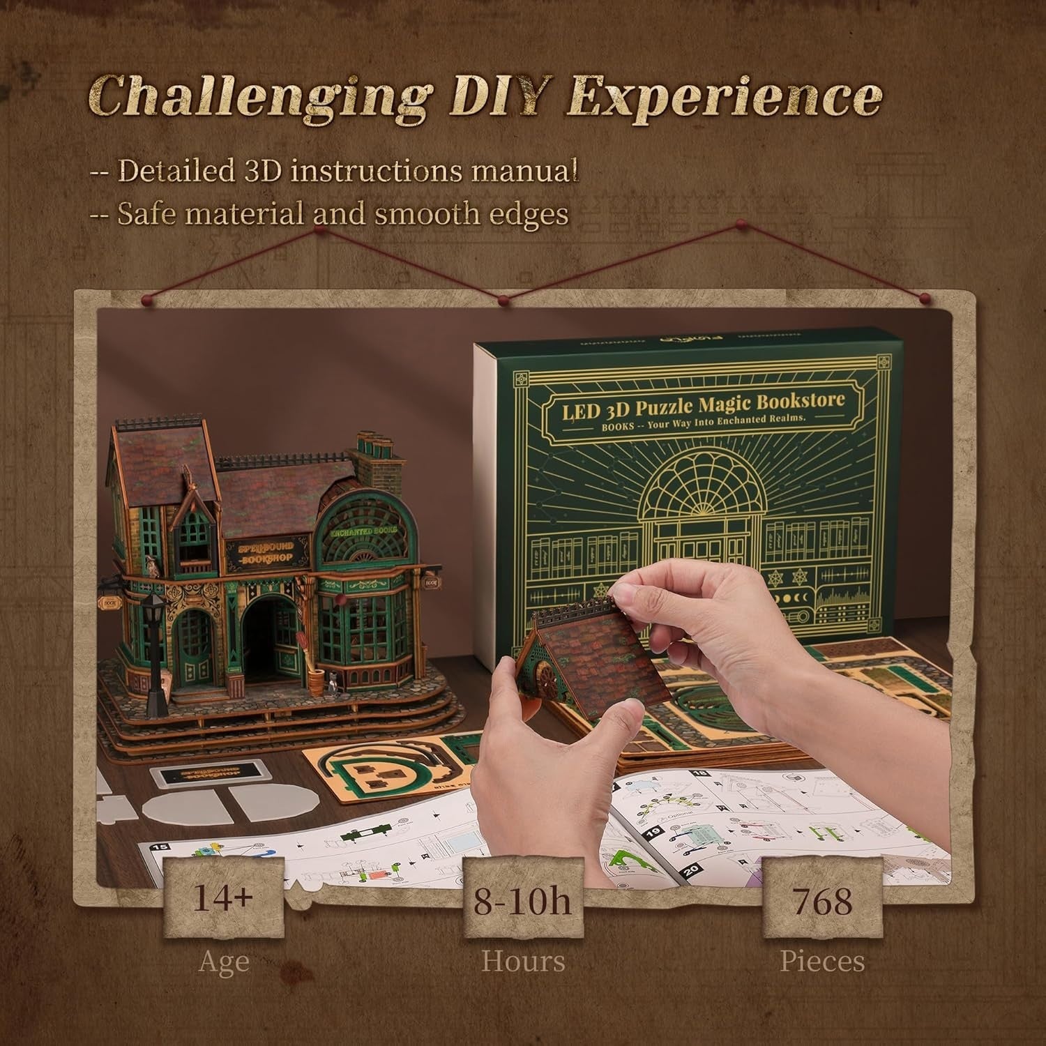3D LED Wood Puzzle Bookshop Model with Lights, DIY Magical Decor Kit