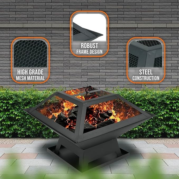 3in1 Outdoor Fire Pit BBQ Grill Patio Heater Metal Square Garden Brazier
