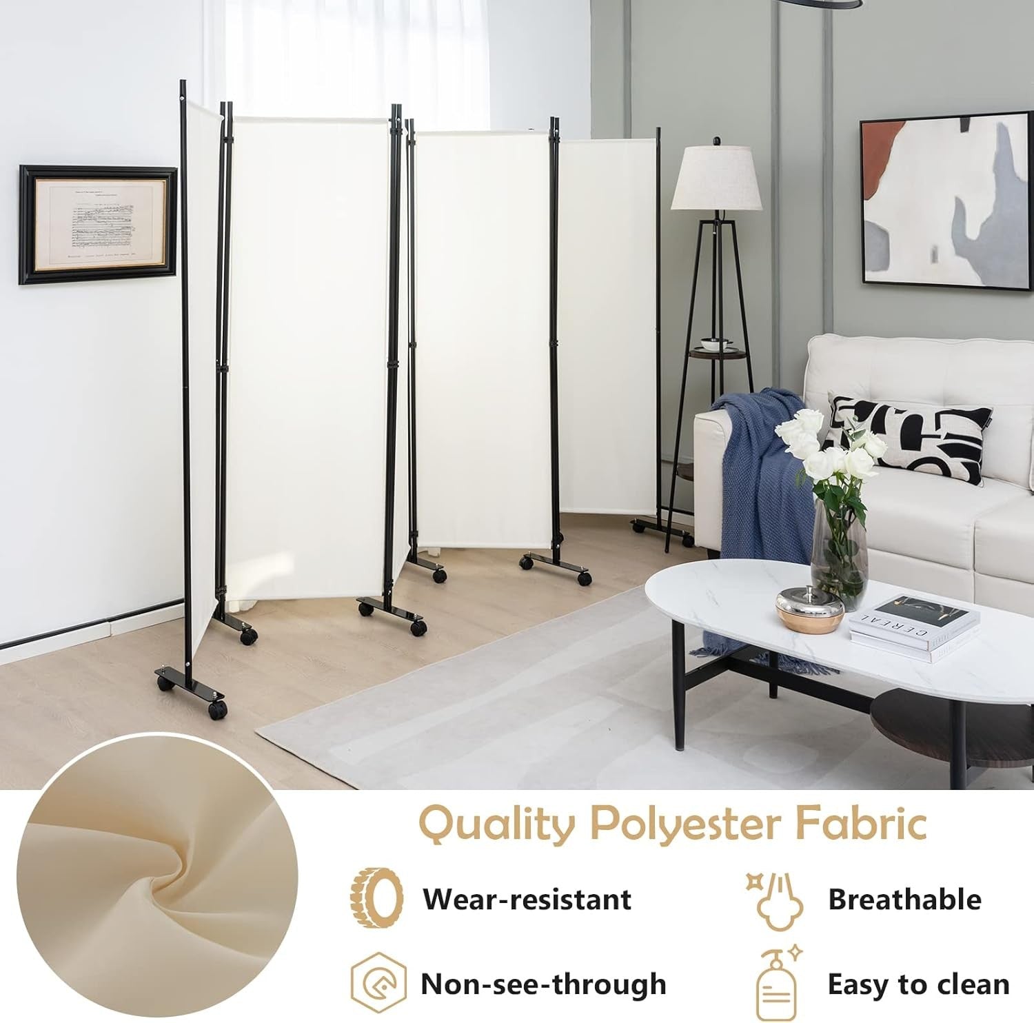 6 Panel White Folding Room Divider Privacy Screen with Wheels for Home Office