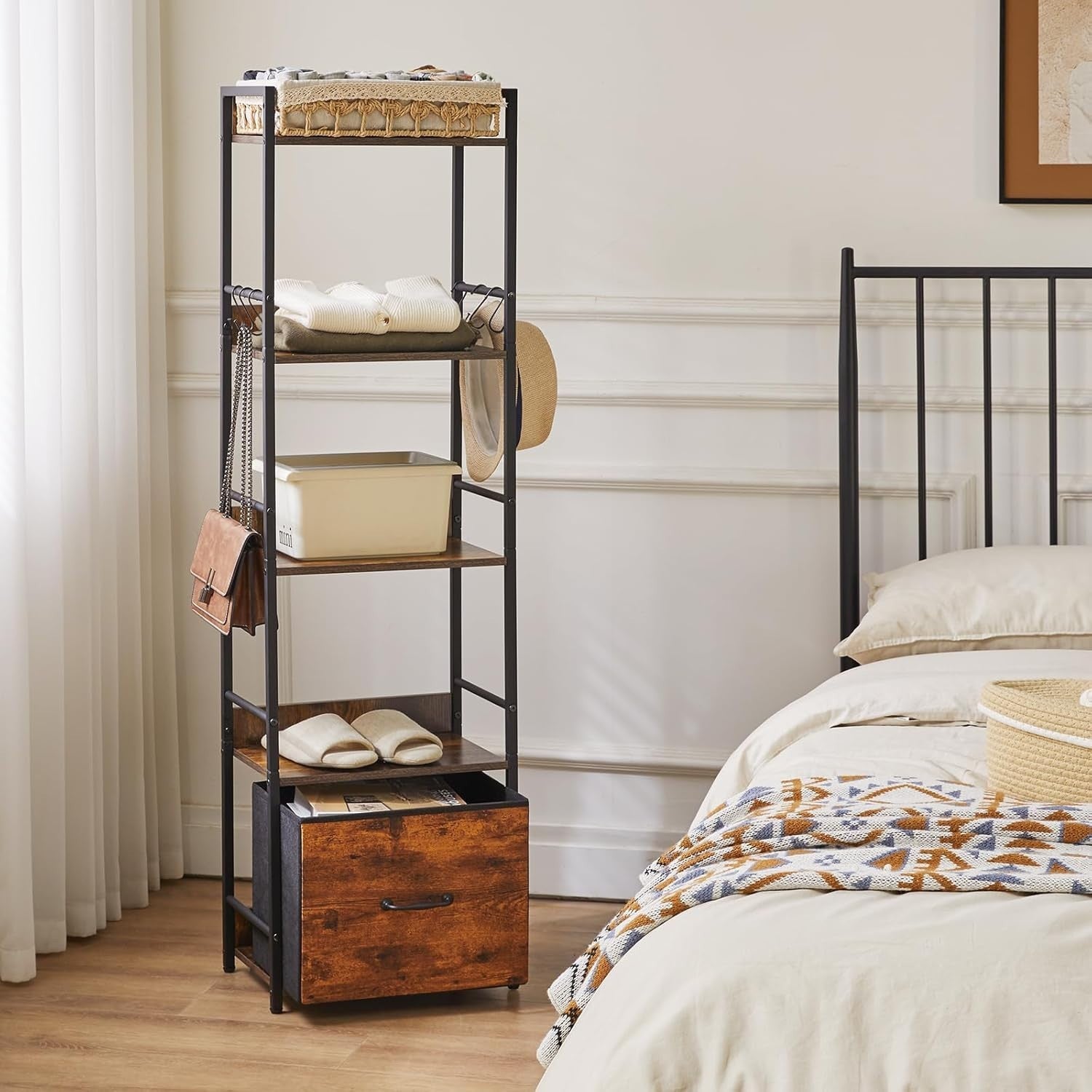 5 Tier Industrial Bookcase with Fabric Drawers Metal Frame Rustic Brown
