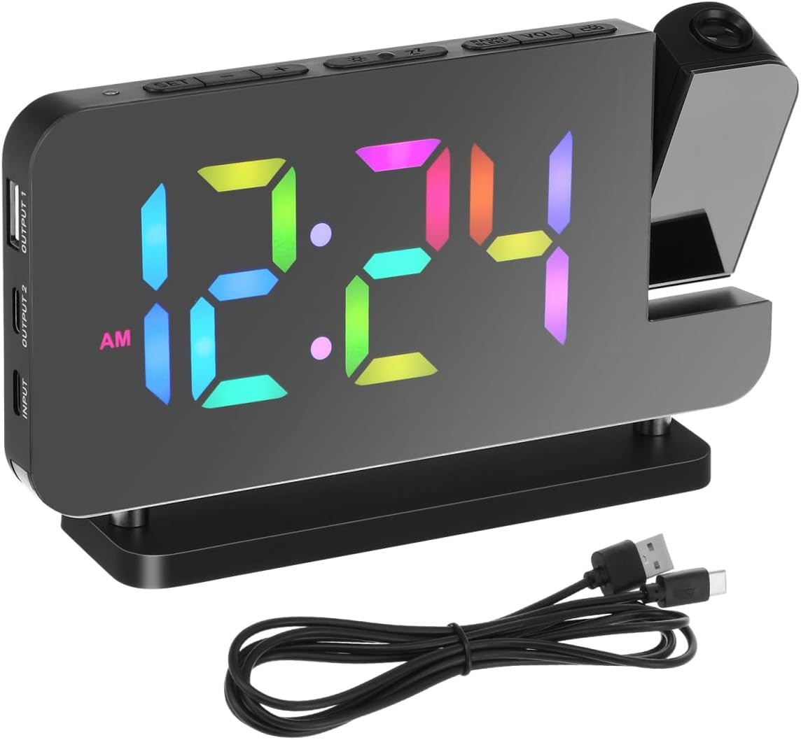 Projection Alarm Clock RGB Night Light LED Display USB Bedside Clock