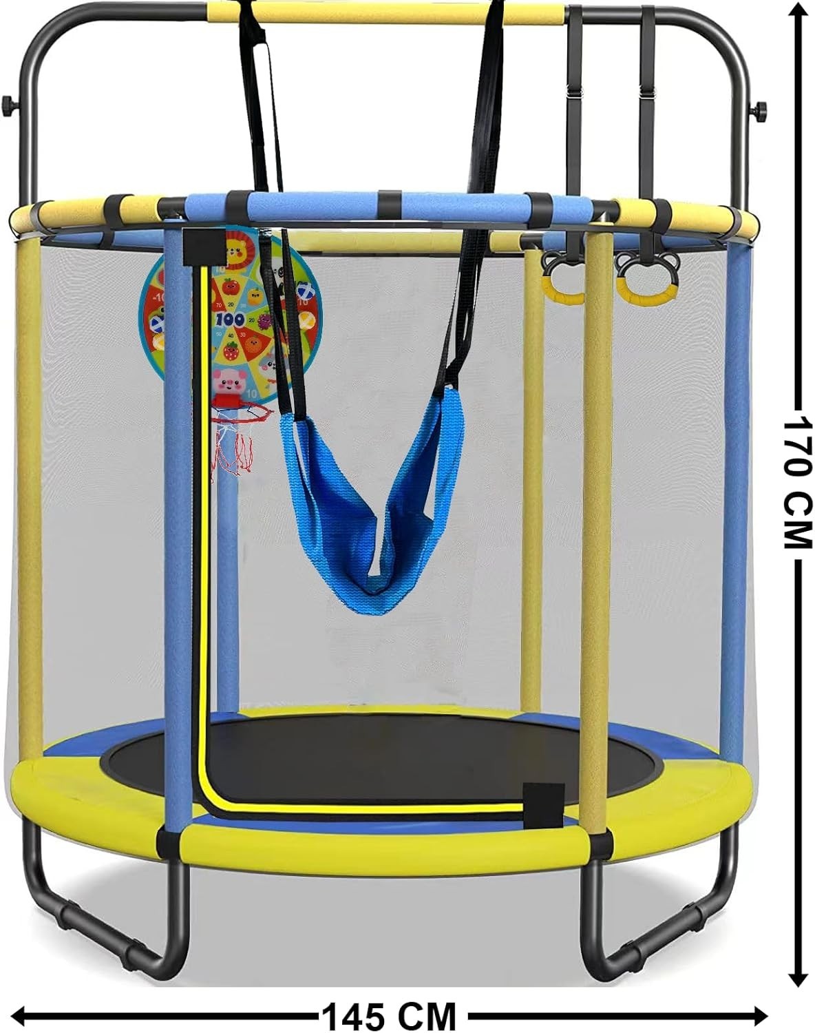 Kids Indoor Outdoor Trampoline with Swings Gym Bars Basketball Hoop