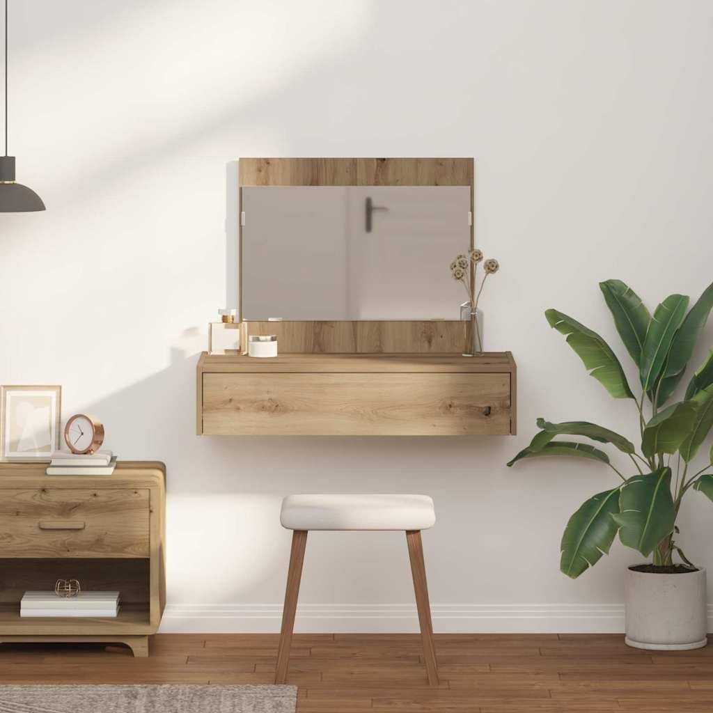 Modern Oak Wood Vanity Desk Dressing Table Mirror 1 Drawer Storage Makeup Unit