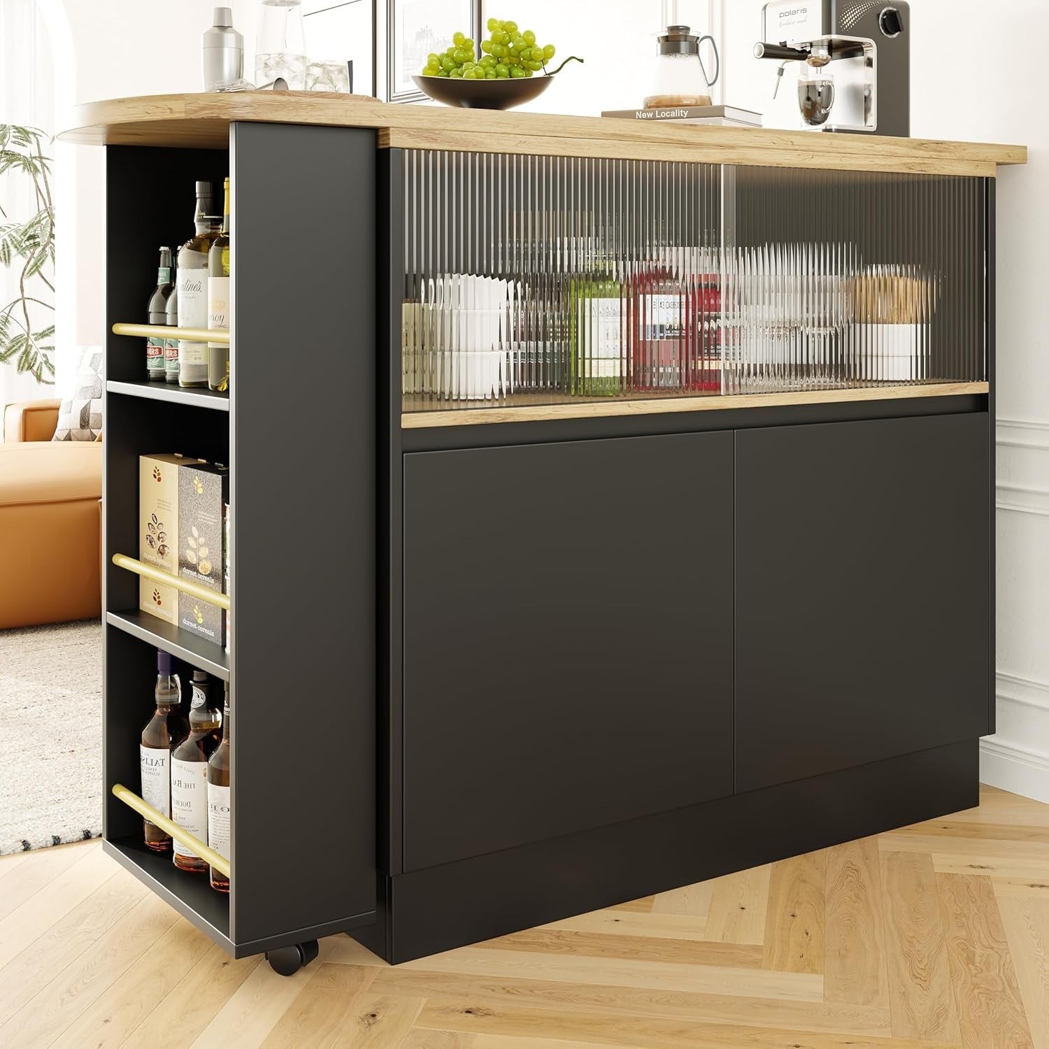 360° Swivel Kitchen Island with Storage Cabinet, Extendable Bar Table 90x45x100
