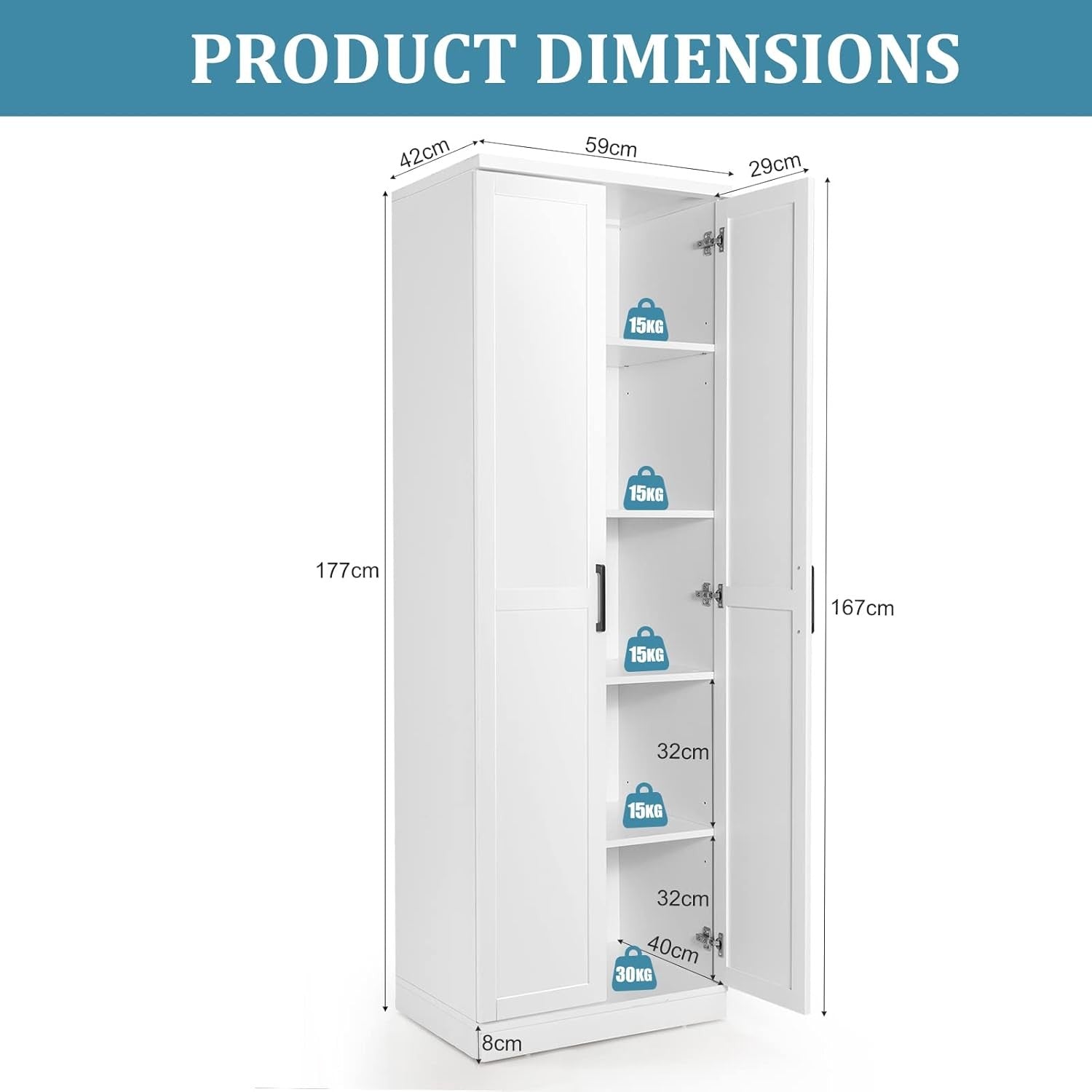 White Tall Wooden Storage Cabinet with Adjustable Shelves & Double Doors