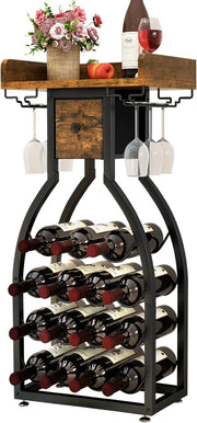 Freestanding Wine Rack Bar Cabinet 15 Bottle Storage with Glass Holder & Drawer