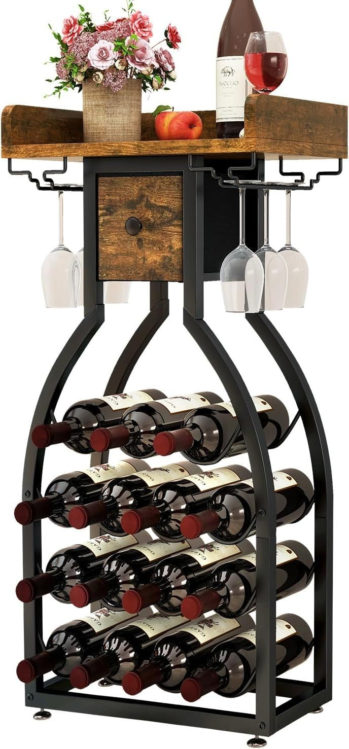 Freestanding Wine Rack Bar Cabinet 15 Bottle Storage with Glass Holder & Drawer