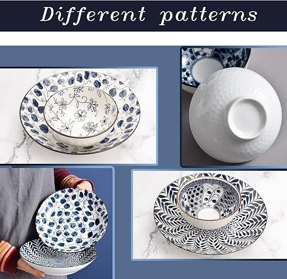 Blue White Porcelain Dinner Set Plates Bowls 6pc Japanese Style Crockery