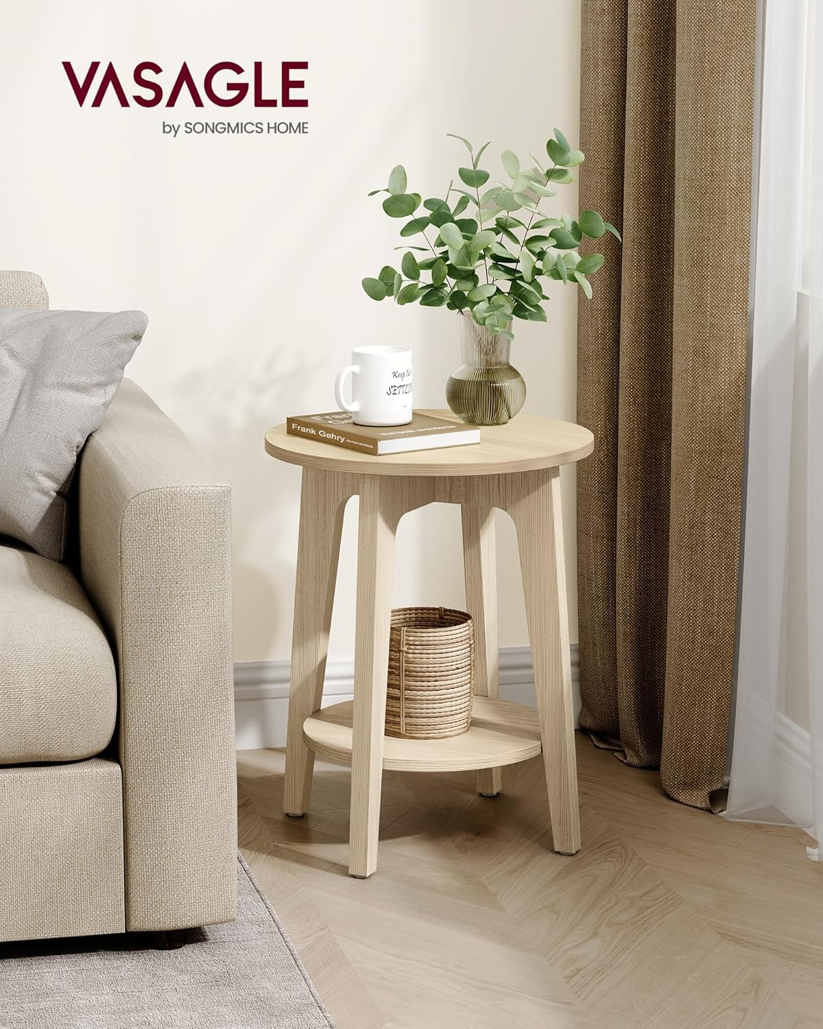 Small Round Side Table with Lower Shelf, Natural Wood Look, Space-Saving End