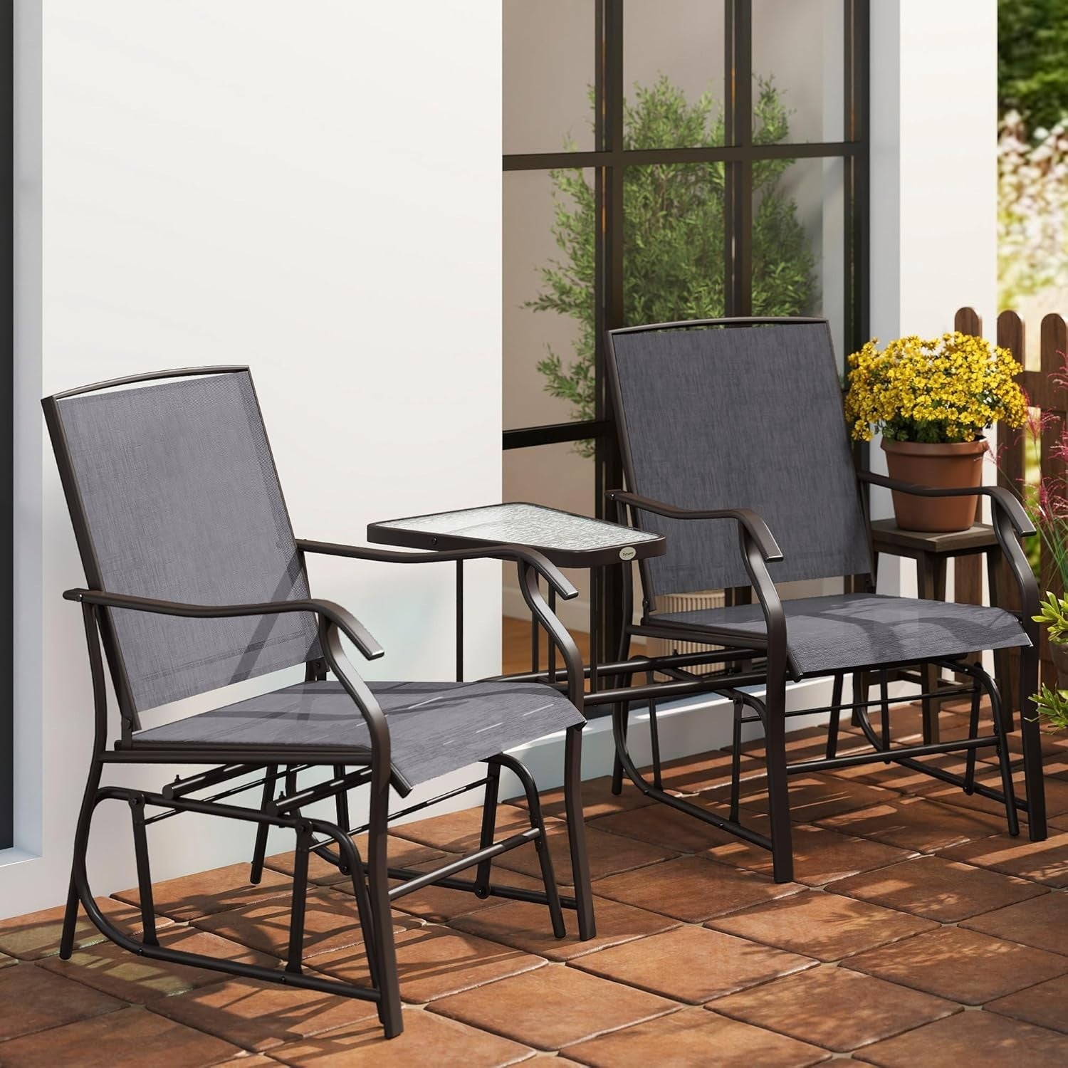 Garden Glider Rocking Chair Set w/ Table, Mesh Outdoor Patio Seating