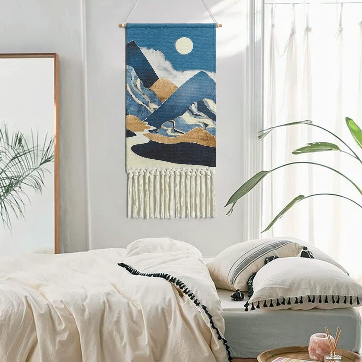 Boho Macrame Wall Hanging Moon Sun Mountain Woven Decor Blue