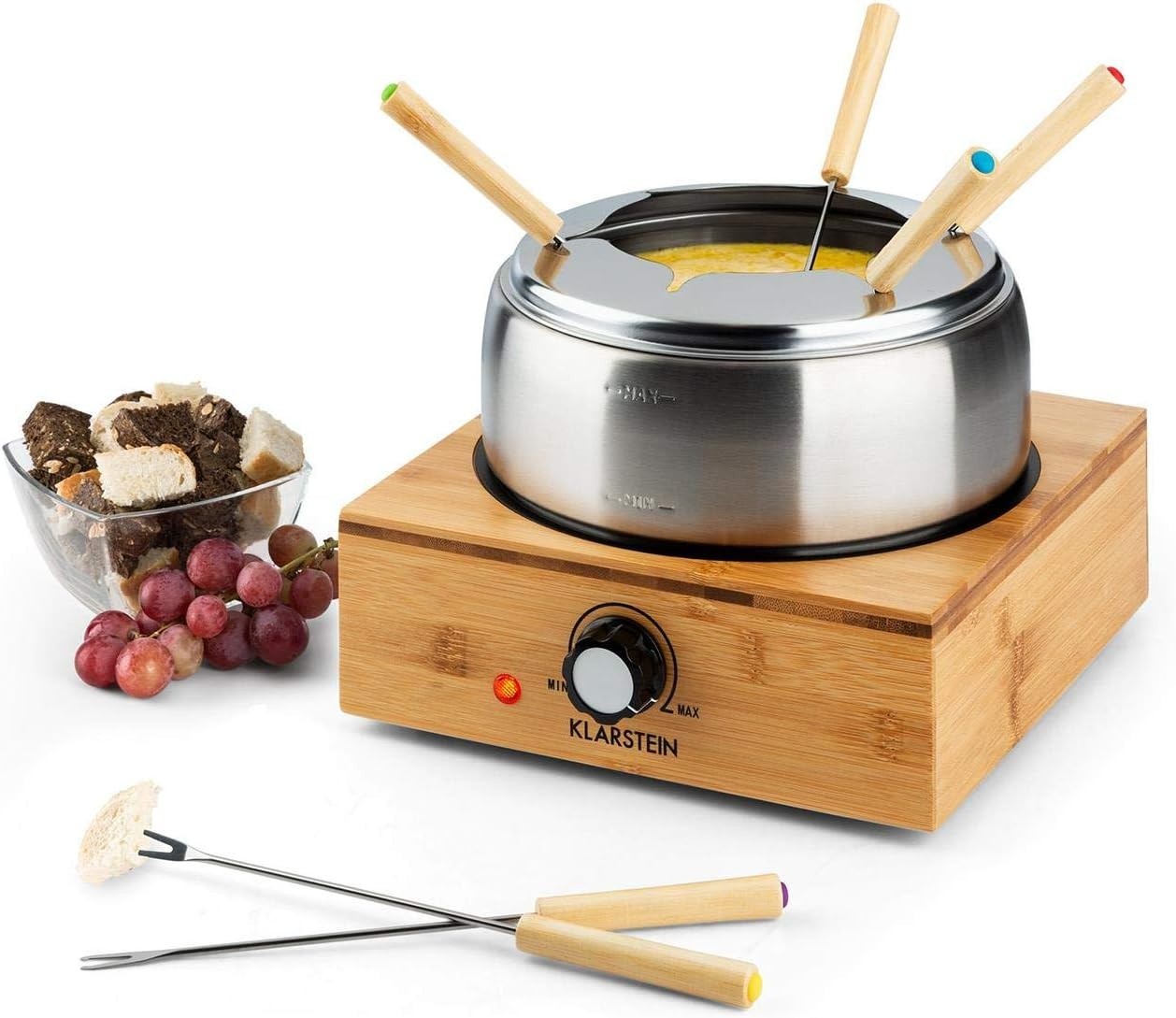 Electric Fondue Set 1.3L Cheese Chocolate Pot 6 Forks Bamboo Base