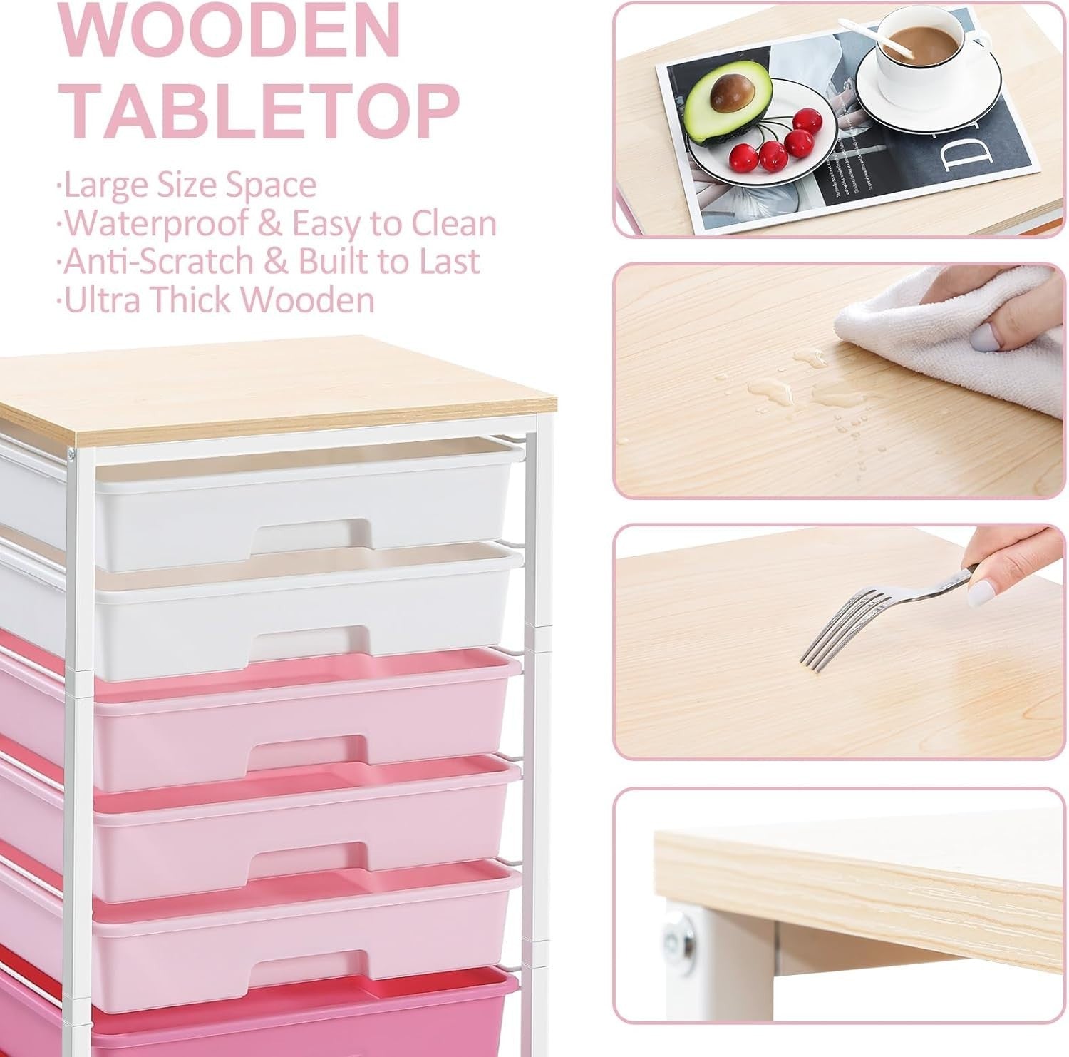 8 Drawer Rolling Storage Cart Rose Pink Utility Organizer Trolley