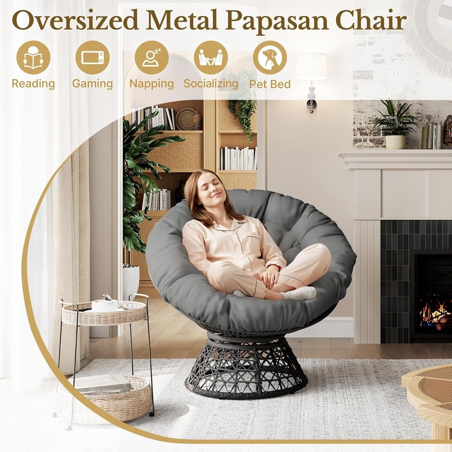 Swivel Papasan Moon Chair Oversized Round Lounge Chair with Thick Cushion