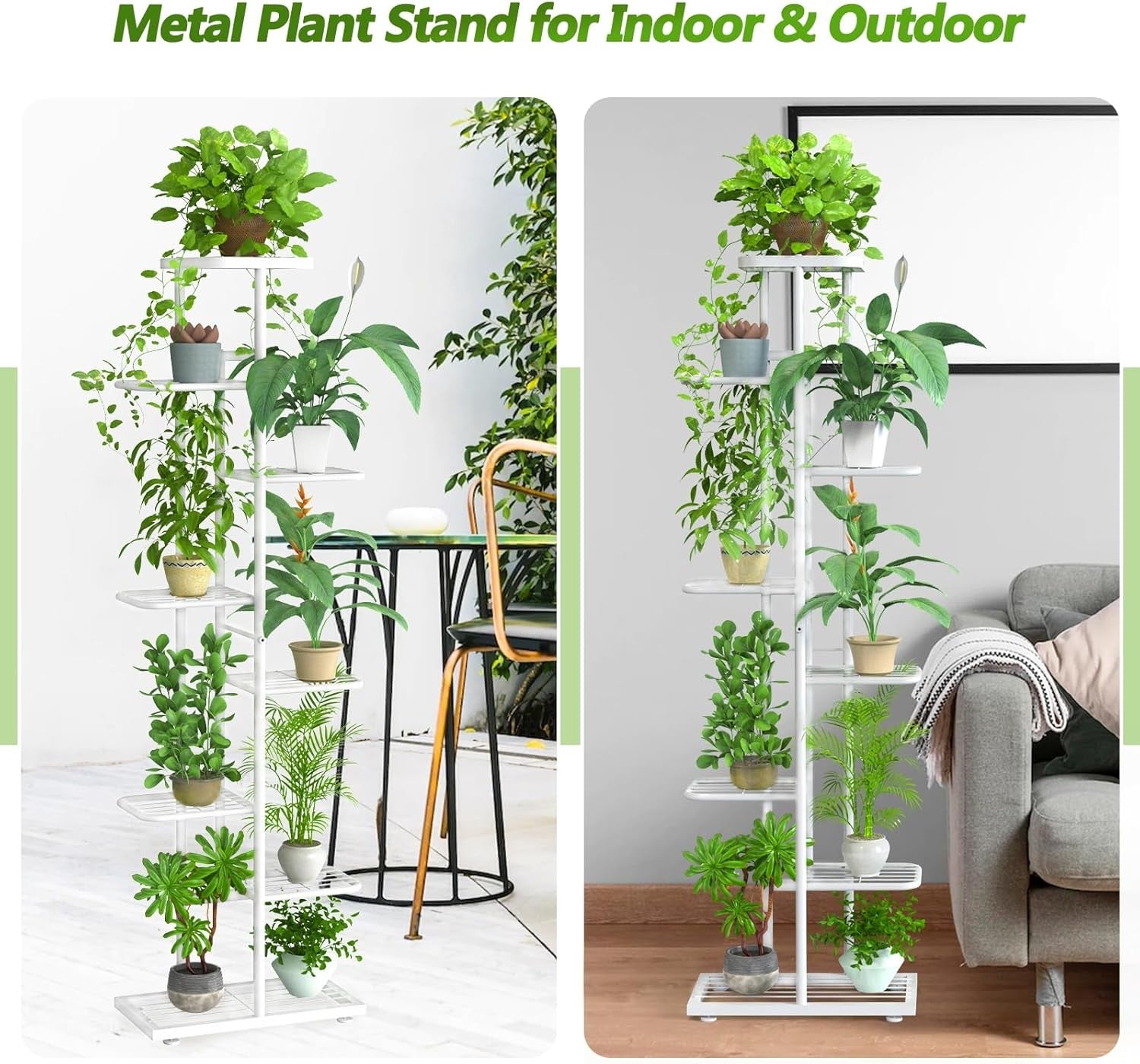 8 Tier White Metal Plant Stand Tall Indoor Outdoor Flower Shelf with Tools Set