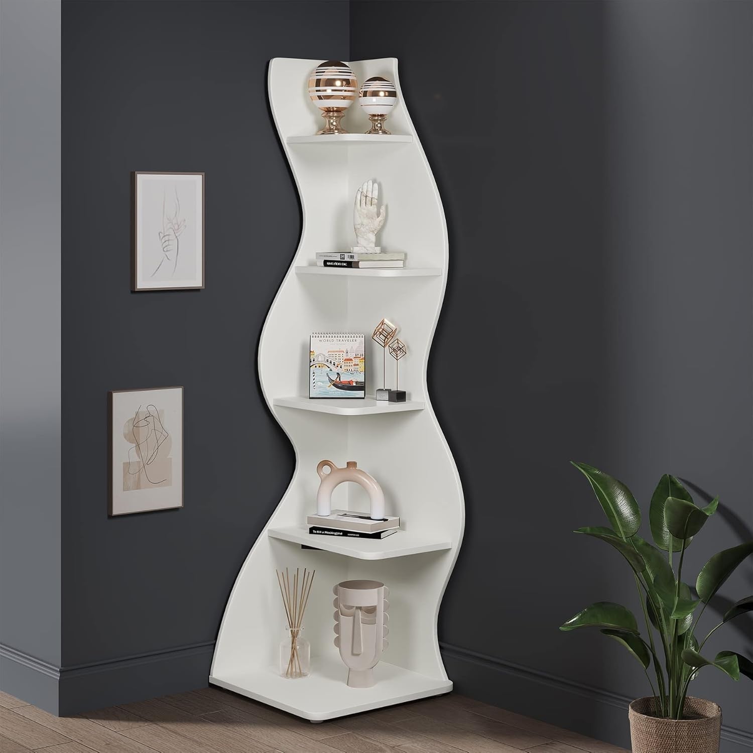 Modern 5-Tier Corner Bookshelf Wave Design Wall Storage Rack for Living Room