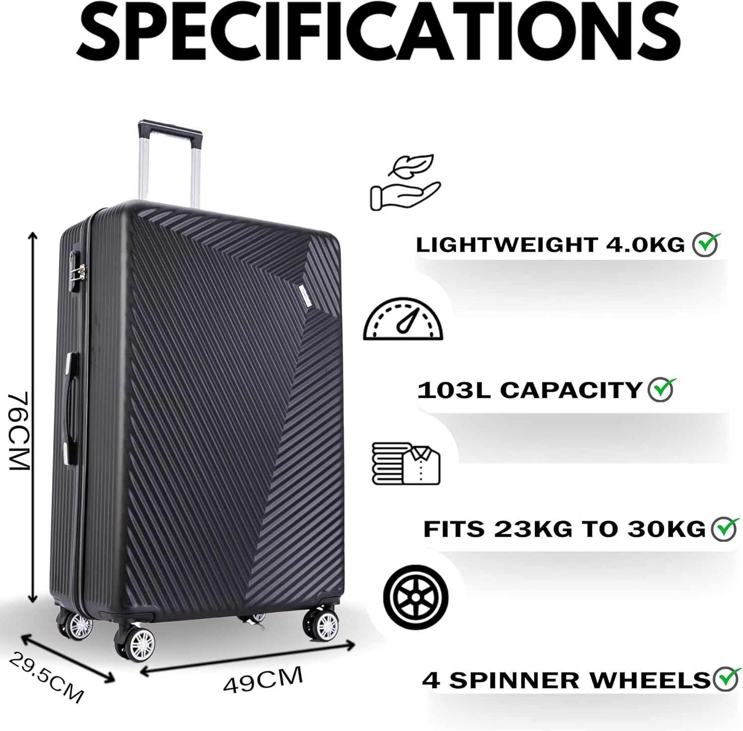 Large 29” Check-In Suitcase ABS Hard Shell 4 Wheel Spinner 100L Lock