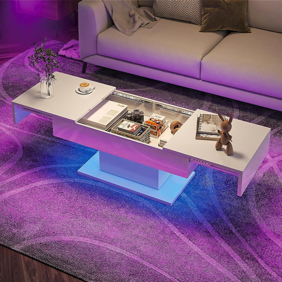 Modern White Coffee Table with Hidden Storage, Sliding Drawers & LED Lights