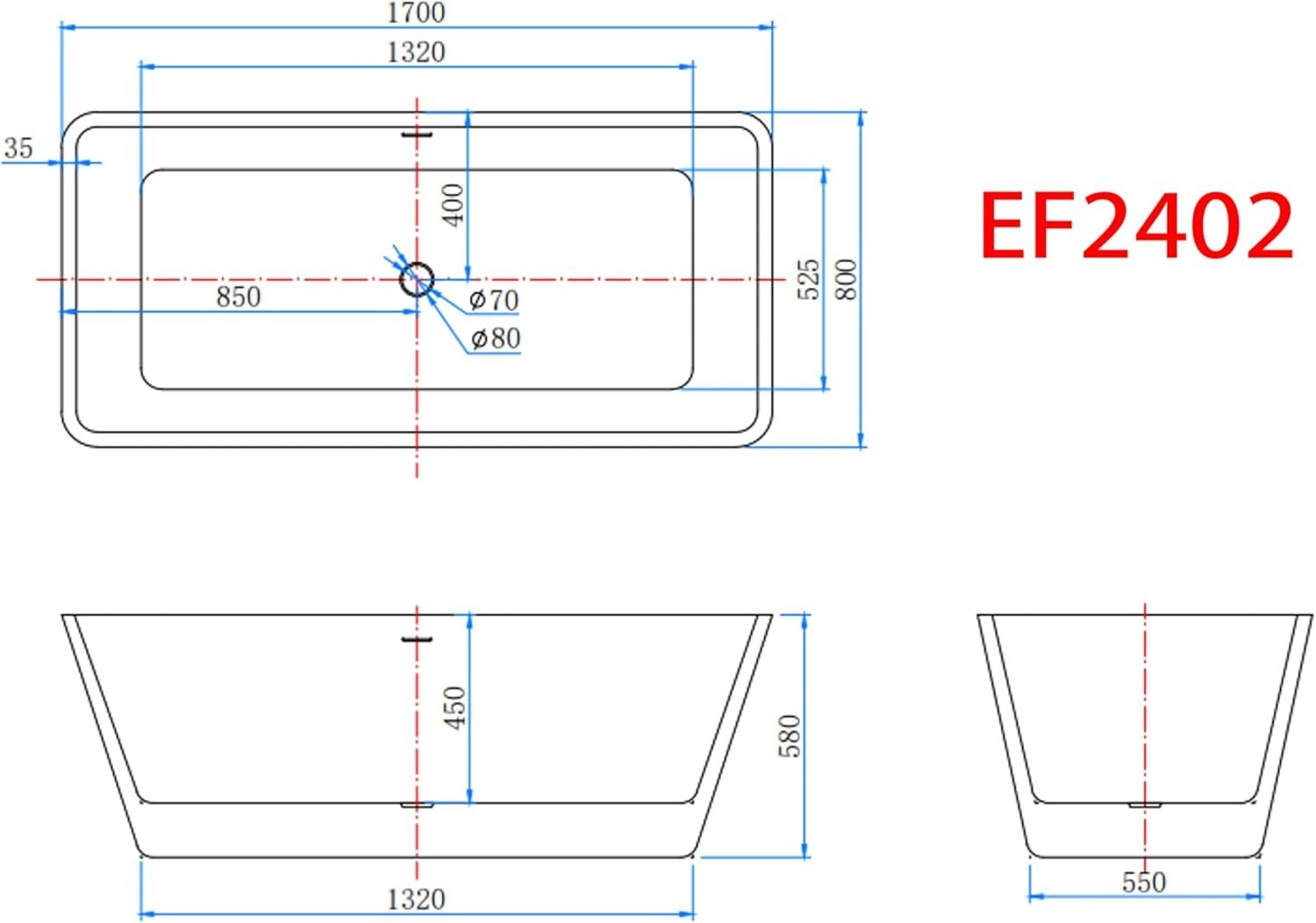 Luxury 1700x800mm Freestanding Double Ended Bathtub Gloss White Acrylic