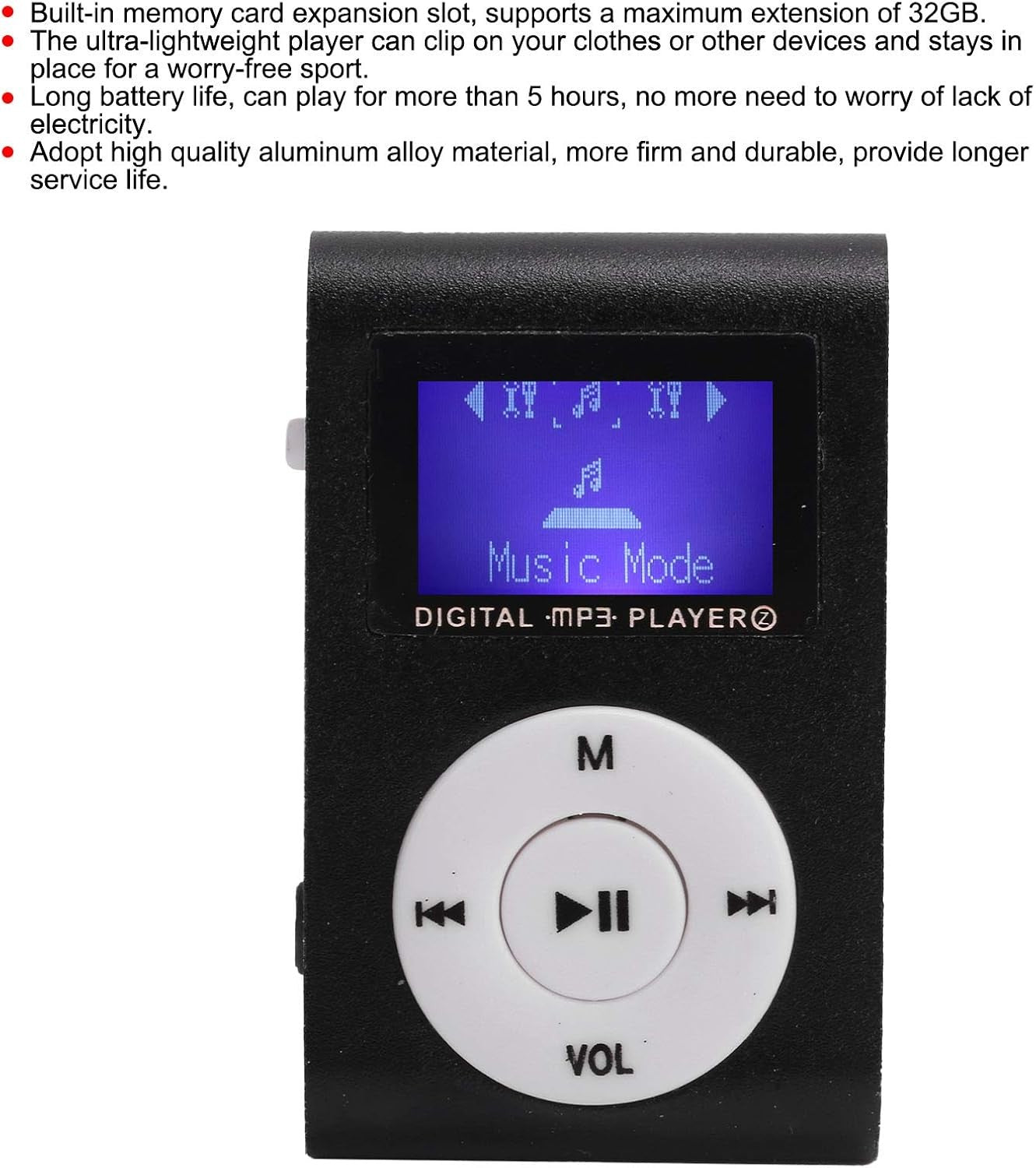 Mini Portable MP3 Music Player with Sports Clip, LCD Screen – Black