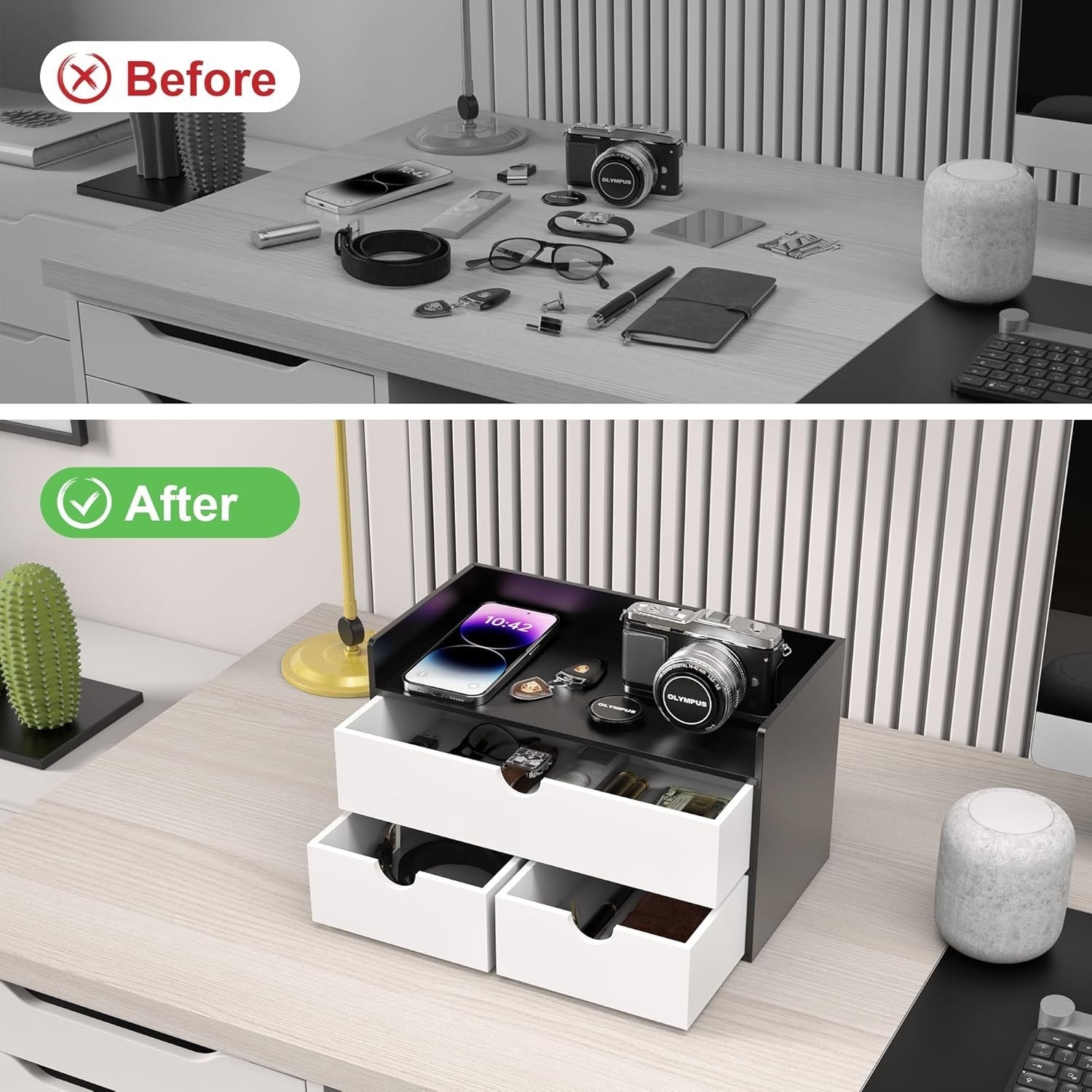 Bamboo Desk Organizer with 2 Drawers | Desktop Storage for Office & Home