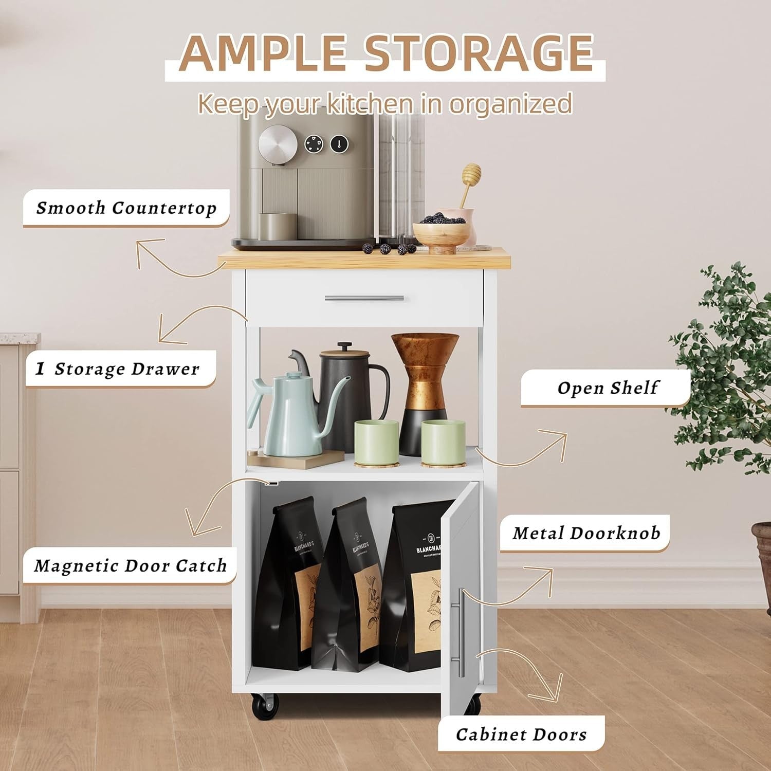 Rolling Kitchen Island Cart with Storage Cabinet, Drawer & Towel Rack White