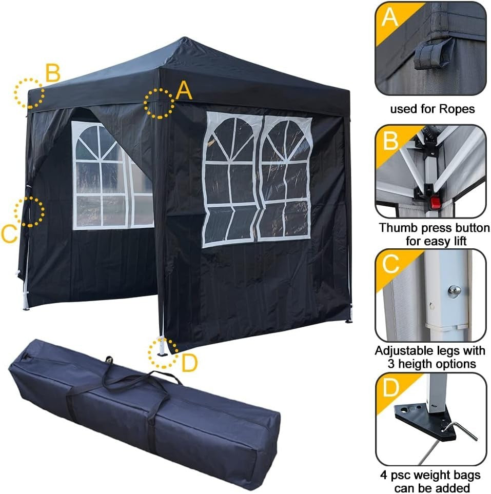 2x2m Black Pop-Up Gazebo Marquee Tent with 4 Polyester Sidewalls Garden Canopy