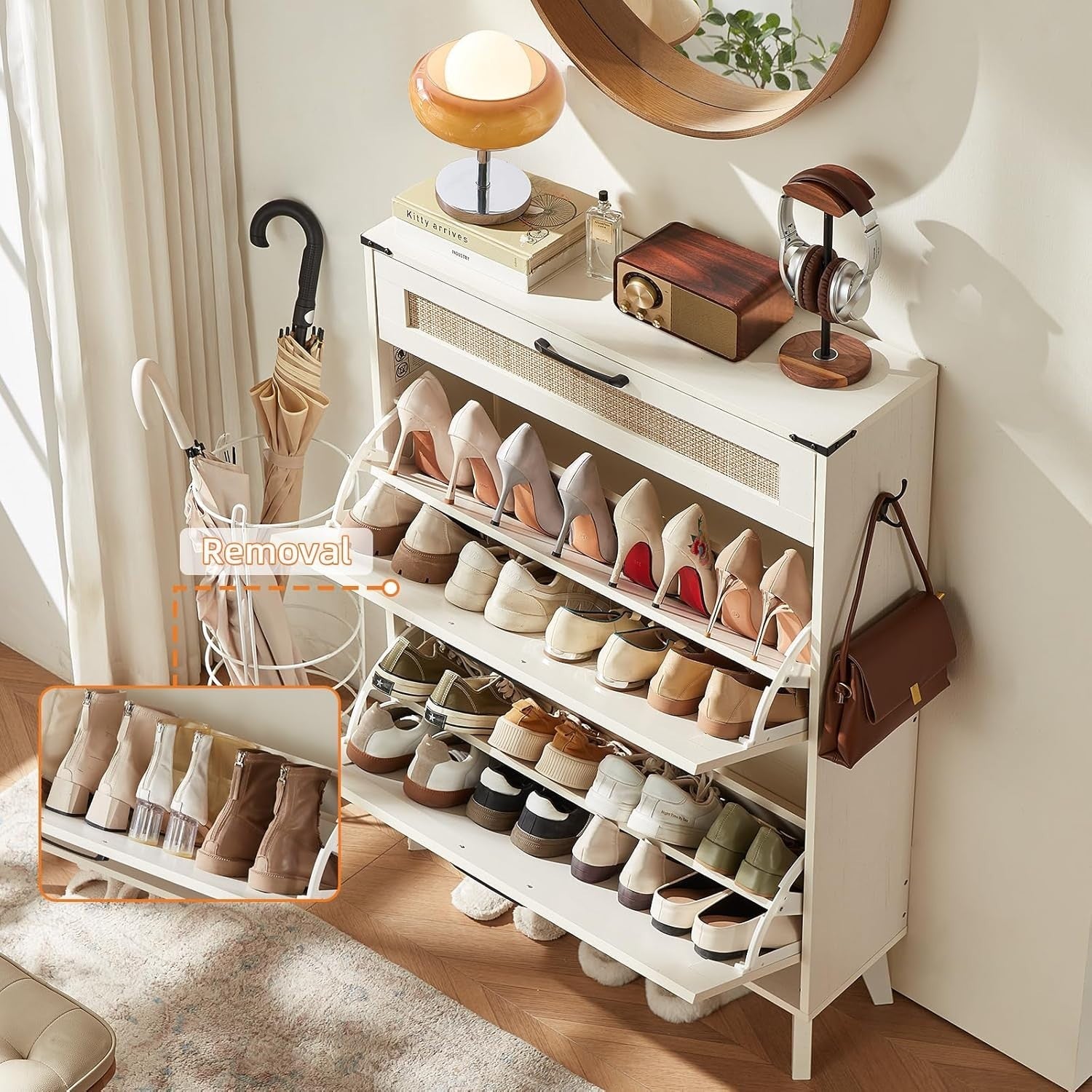 Slim White Shoe Cabinet with Bamboo Mesh – Stylish, Space-Saving Storage
