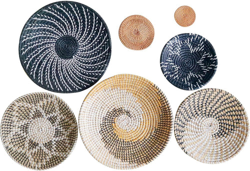 7-Pc Boho Woven Wall Baskets Natural Rattan Seagrass Decor