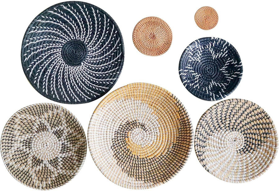 7-Pc Boho Woven Wall Baskets Natural Rattan Seagrass Decor