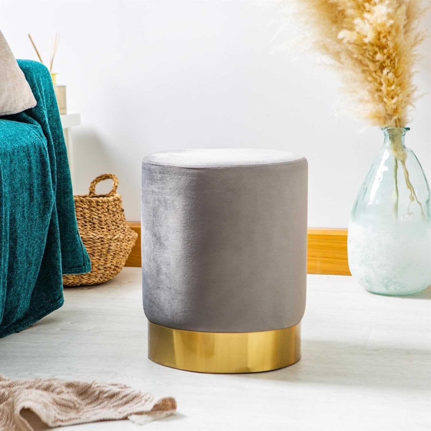 Grey Velvet Round Pouffe Footstool Modern Accent Seat 29x36cm