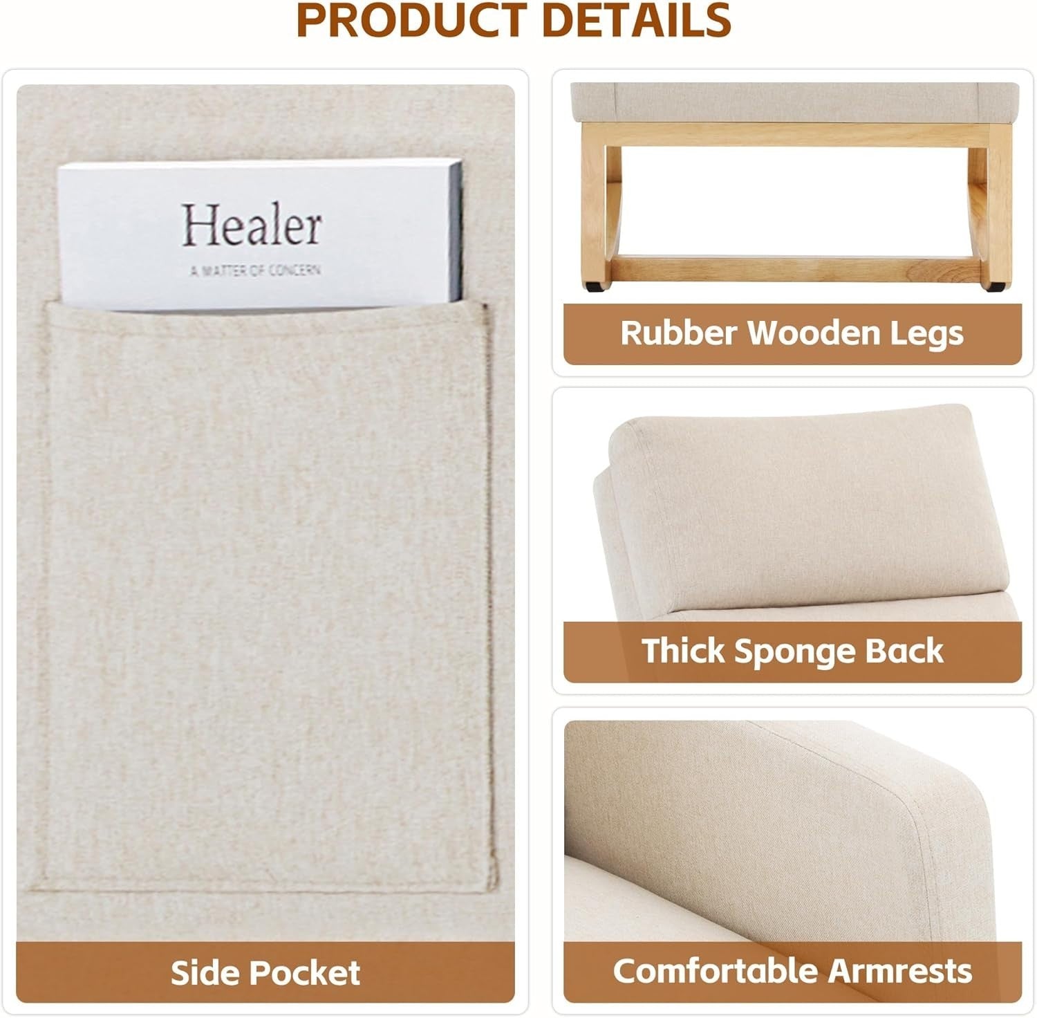 Beige Linen Rocking Chair for Adults with High Back, Storage & Wooden Legs
